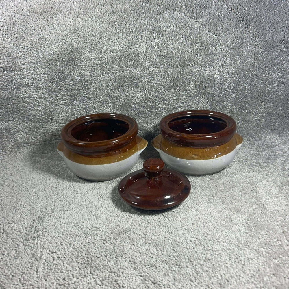 Bean Pot Brown Tan Cream Stoneware Mini Crocks Set of 2 with‎ 1 Lid